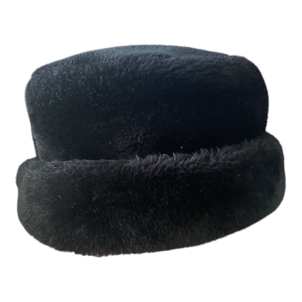 Vintage Womens Black Faux Fur Plush Pillbox Hat Shearling Look Cozycore